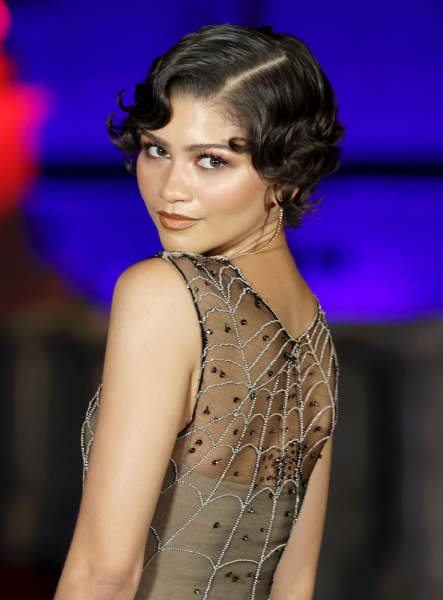 Zendaya poses over her shoulder in a sheer beaded dress