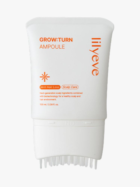 White bottle of Lilyeve Grow:Turn Ampoule with orange text on a light gray background