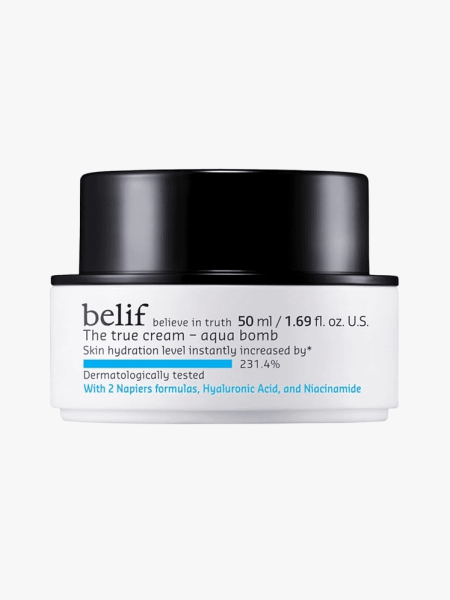 Belif Aqua Bomb in branded component on a light gray background