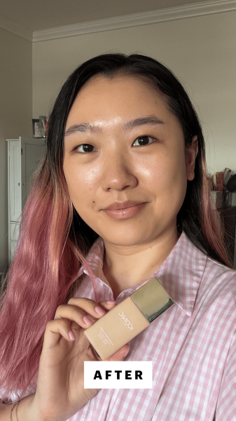 A selfie of Allure commerce editor Sarah Han after applying the Iconic London Super Smoother Blurring Skin Tint