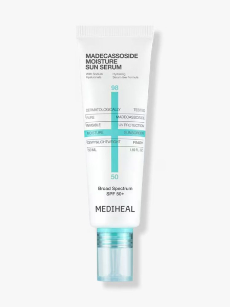 White tube of Mediheal Madecassoside Moisture Sun Serum SPF 50+ on light gray background with blue cap