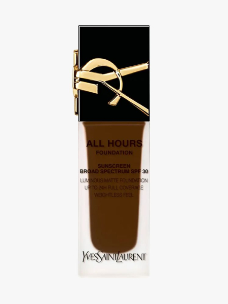 YSL Beauty All Hours Luminous Matte Foundation in branded component on a light gray background