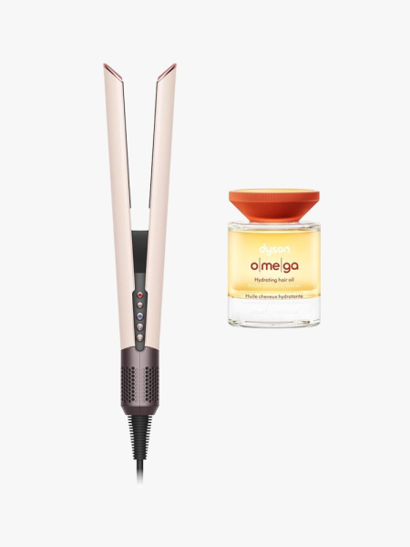 Dyson Airstrait & Omega Hydrating Hair Oil in branded components on a light gray background